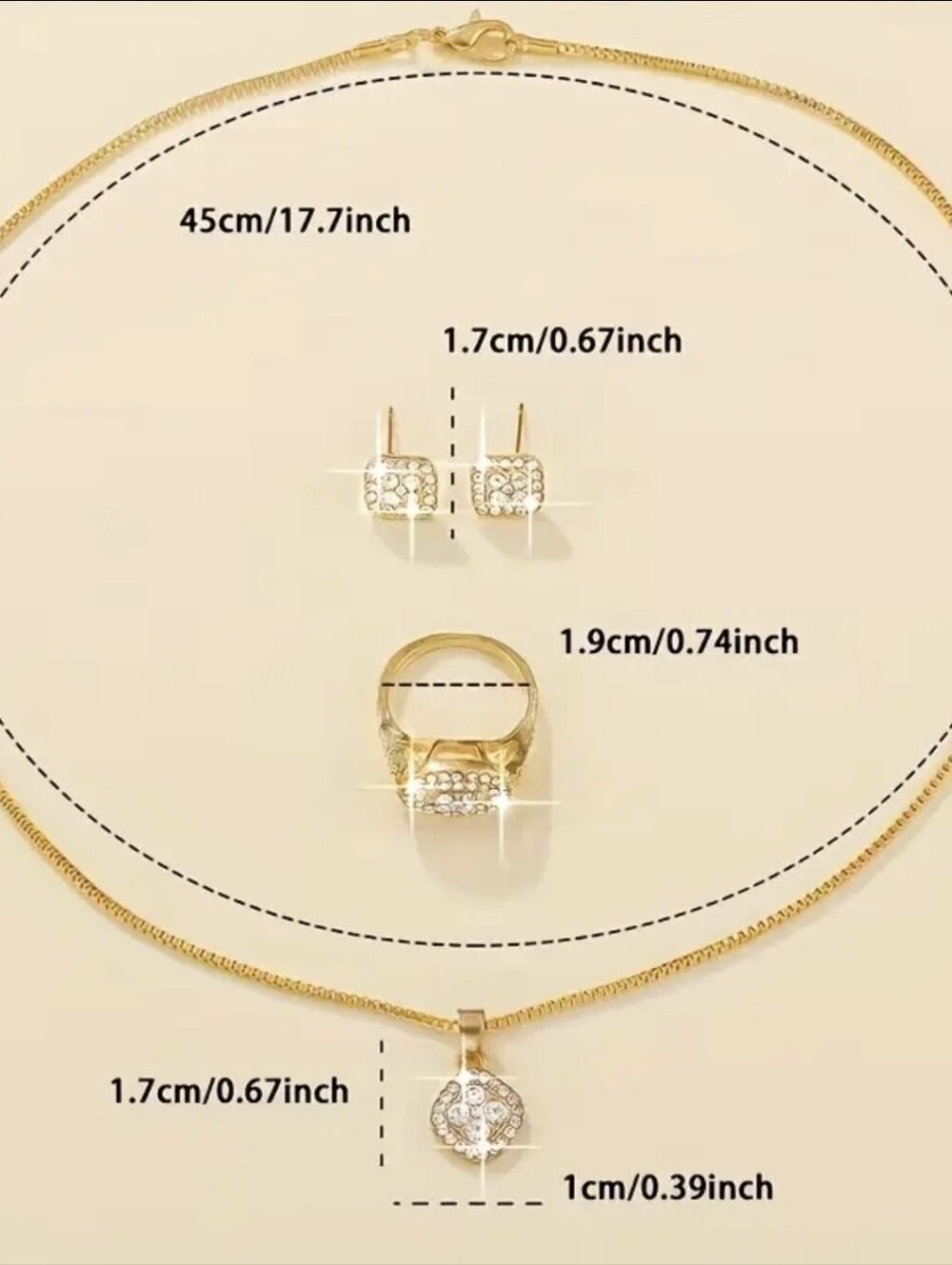 4pc set -Gold Square Necklace,Ring,Earring Set - Picture 2 of 3